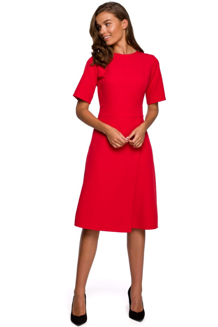 Sukienka Midi - Trapezowa Krótki Rękaw Gładka - czerwona